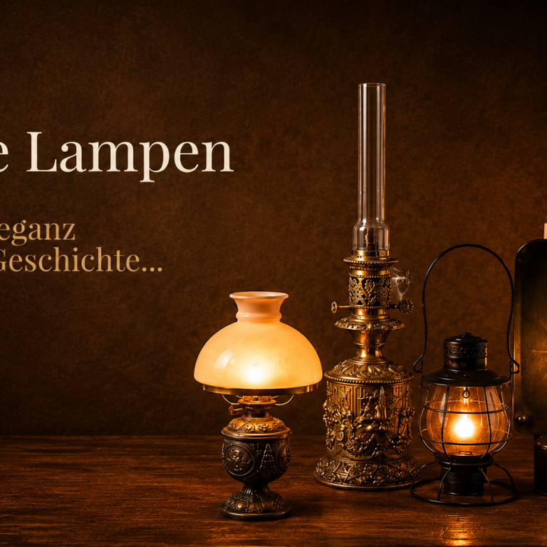 Verschiedene historische und antike Lampen auf einem Holzuntergrund