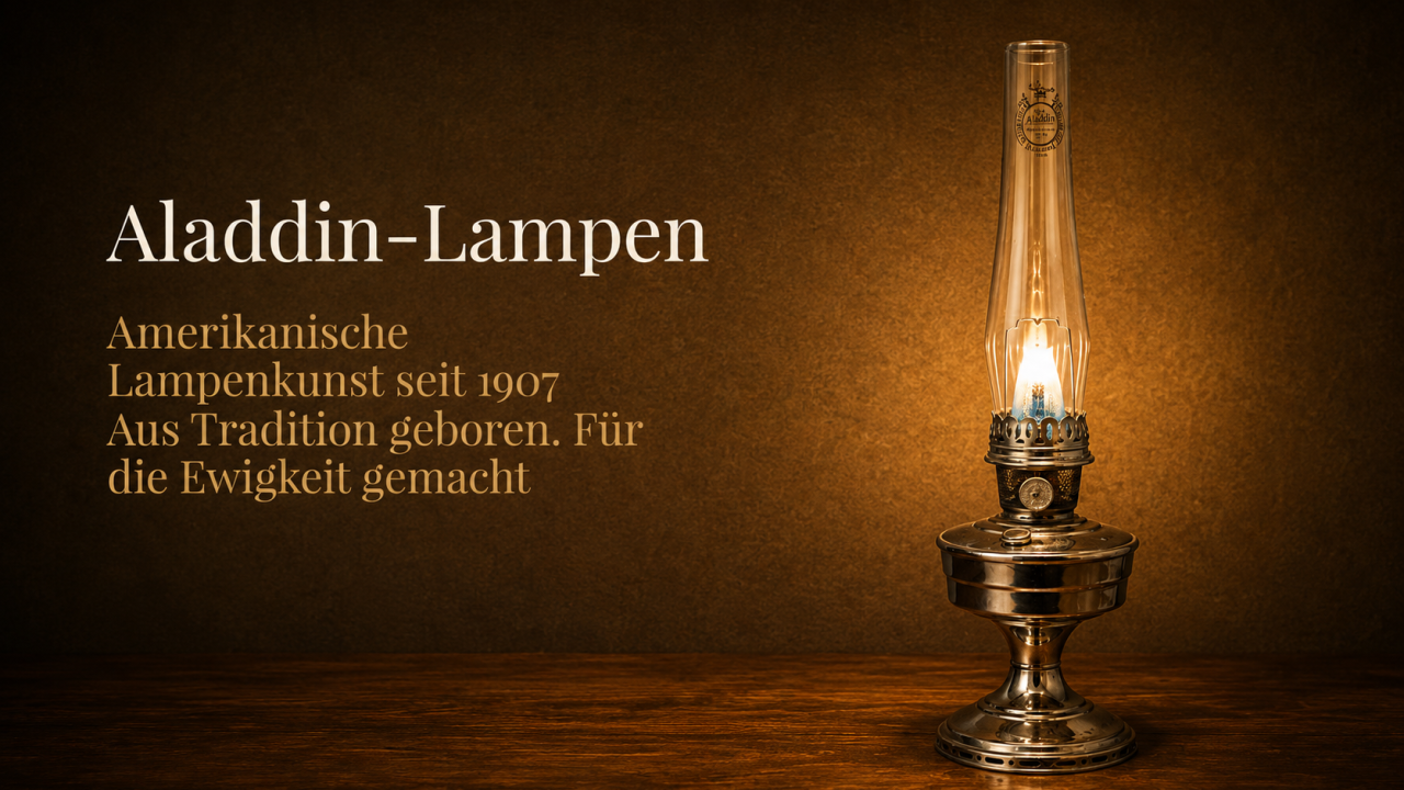 Eine beleuchtete Aladdin-Lampe auf einem Holztisch vor einem dunklen Hintergrund, begleitet von Werbetexten.